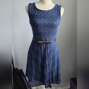 B. Smart Navy Lace Midi Dress with Brown Belt